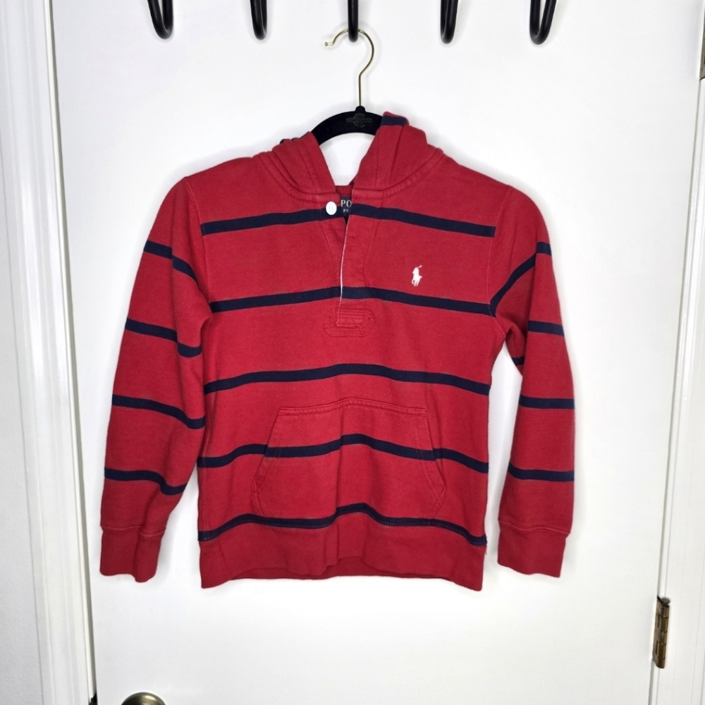 Polo by Ralph Lauren Red With Navy Stripes Pullover Hoodie Size 10-12